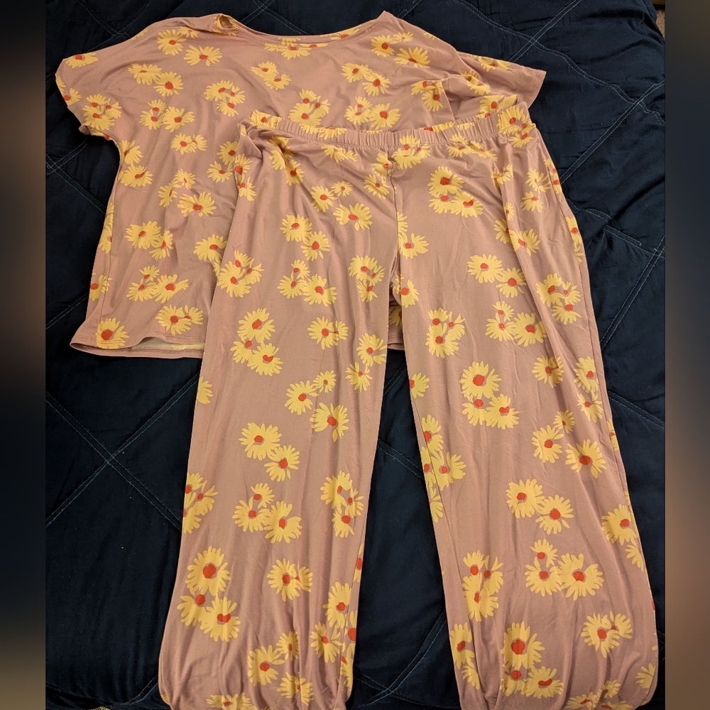 AnyBody Purple Pajama Set with Yellow Floral Design